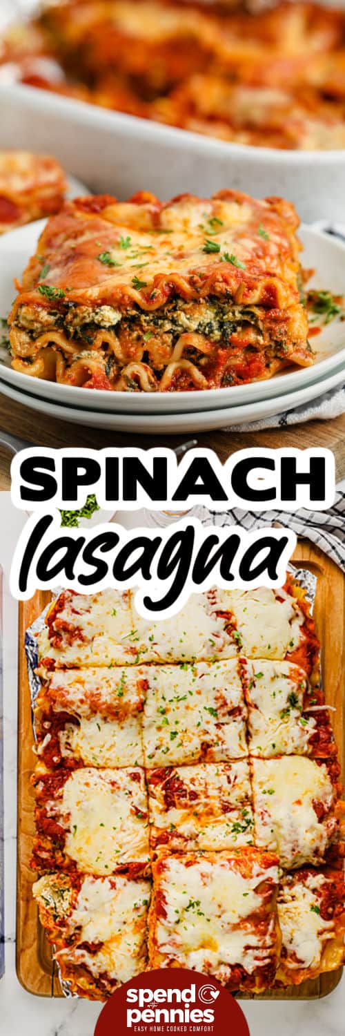 spinach lasagna on a plate and on a serving board.