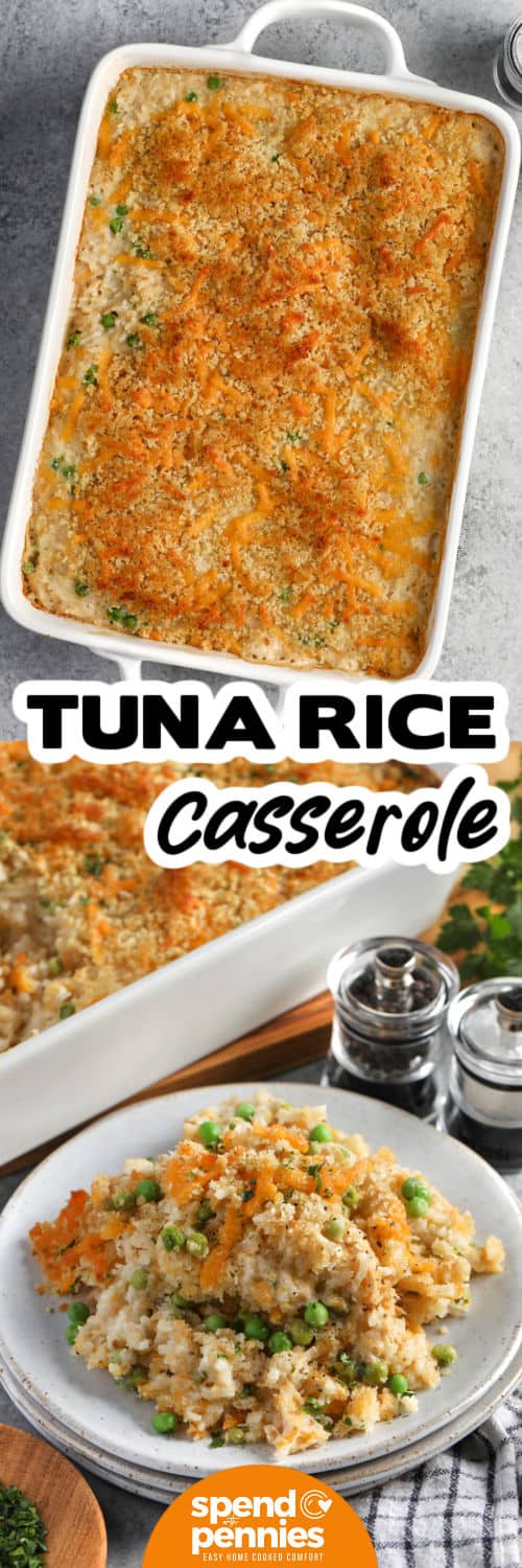 This easy tuna rice casserole is especially handy when dinner needs to come from pantry and freezer staples. Tuna and instant rice bake in creamy Alfredo sauce with peas, cheddar, and savory seasonings until tender and bubbly. The crisp Panko and cheddar topping gives the casserole a delicious mix of creamy and crunchy textures. Leftovers are easy to reheat for lunch the next day. Save this comforting casserole for a busy night. #spendwithpennies Tuna Rice Casserole in the dish and plated with a title.