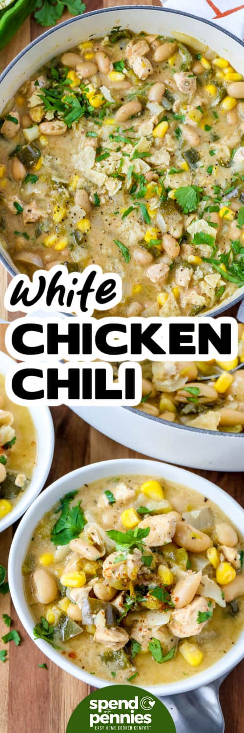 Creamy white chicken chili is packed with tender chicken breast, cannellini beans, sweet corn, poblanos, and green chiles in a savory seasoned broth. This stovetop chili has a creamy finish from sour cream without relying on a heavy sauce. Top each bowl with avocado, cheese, cilantro, jalapeños, or crunchy tortilla chips for extra flavor and texture. Save this comforting one-pot chicken dinner for soup and chili season. #spendwithpennies White Chicken Chili in the pot and bottom photo in bowls with a title.