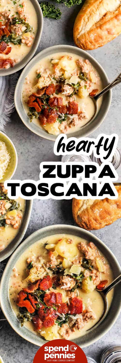 Zuppa Toscana in bowls and close up photo with a title
