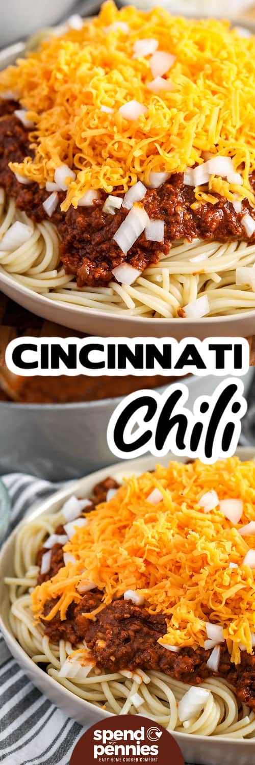 This Cincinnati chili recipe turns ground beef, tomato sauce, chili powder, cocoa, cinnamon, and allspice into a savory sauce with a warm flavor. A stovetop simmer gives the beef a fine texture and lets the spices mellow together. Spoon it over tender spaghetti and finish with finely shredded cheddar, onions, or beans for a cozy family dinner. Save this chili recipe for your next comfort food night. #spendwithpennies Cincinnati Chili on spaghetti and close up photo with a title.