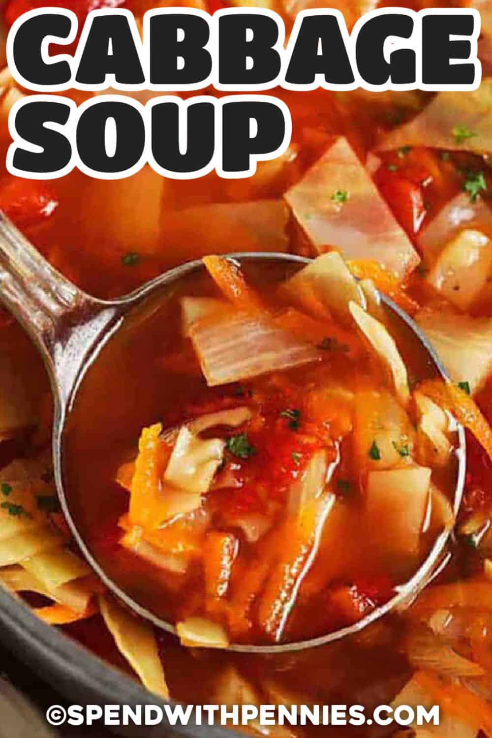Cabbage Soup in a ladle and in a bowl with a title
