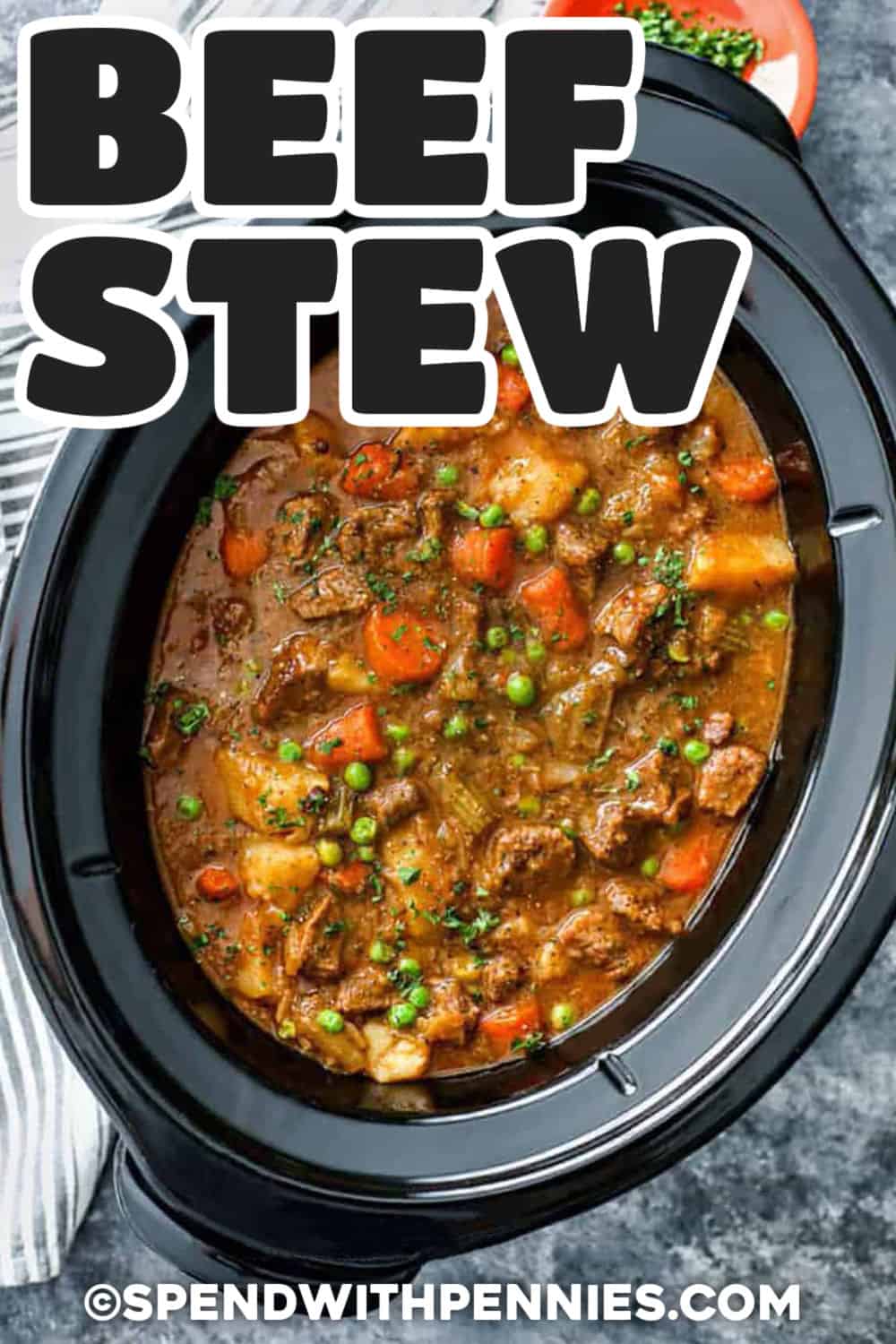 pot full of Crockpot Beef Stew with writing