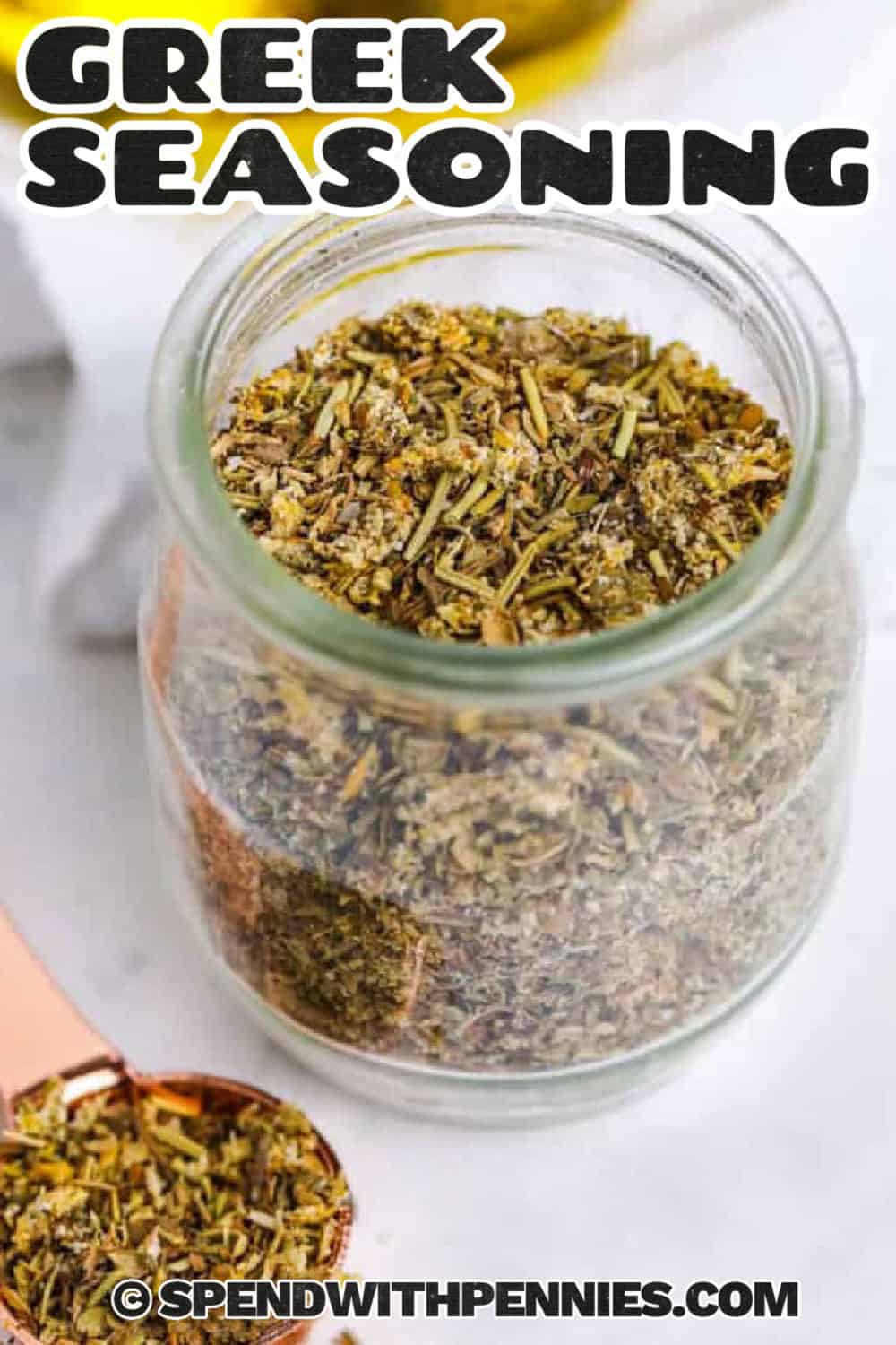 This homemade Greek seasoning blend makes it easy to add Mediterranean-inspired flavor to everyday meals. The mixture is packed with oregano, rosemary, dill, basil, thyme, garlic, and onion, and optional lemon zest adds a light citrus note. Use it for meal prep by seasoning chicken, roasted vegetables, potatoes, or simple marinades. One small batch can add flavor to several meals. Save this seasoning recipe for your pantry. #spendwithpennies Greek seasoning in a glass jar.