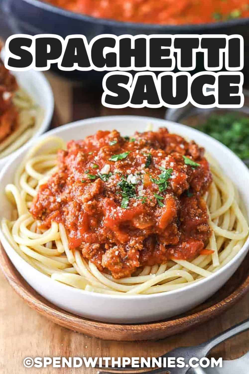 plated Homemade Spaghetti Sauce on spaghetti with a title