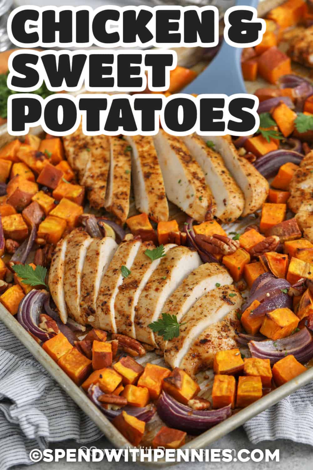 Chicken and sweet potatoes get a flavorful upgrade with sweet potatoes, red onion, garlic, honey, and Cajun seasoning. Pounding the chicken evenly helps it roast alongside the small sweet potato cubes, giving you juicy chicken and tender vegetables from the same pan. It is practical for weeknight cooking and leftovers work well for lunch. Save this sheet pan chicken and sweet potatoes recipe for later. #spendwithpennies Sheet Pan Chicken and Sweet Potatoes with a title