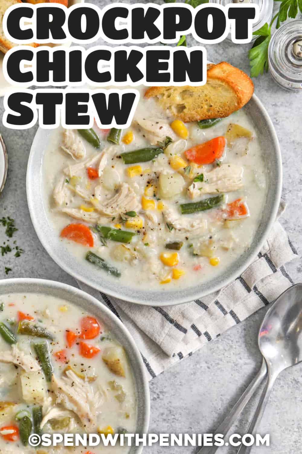 This easy slow cooker chicken stew recipe has the creamy broth, tender potatoes, and hearty vegetables that make cold-weather dinners so comforting. Chicken breasts cook whole in the slow cooker with carrots, celery, corn, thyme, and savory broth, making prep simple. Shred the tender chicken and finish with green beans and cream. Save this slow cooker chicken stew for an easy family meal or weekend meal prep. #spendwithpennies bowls of Slow Cooker Chicken Stew with a title.