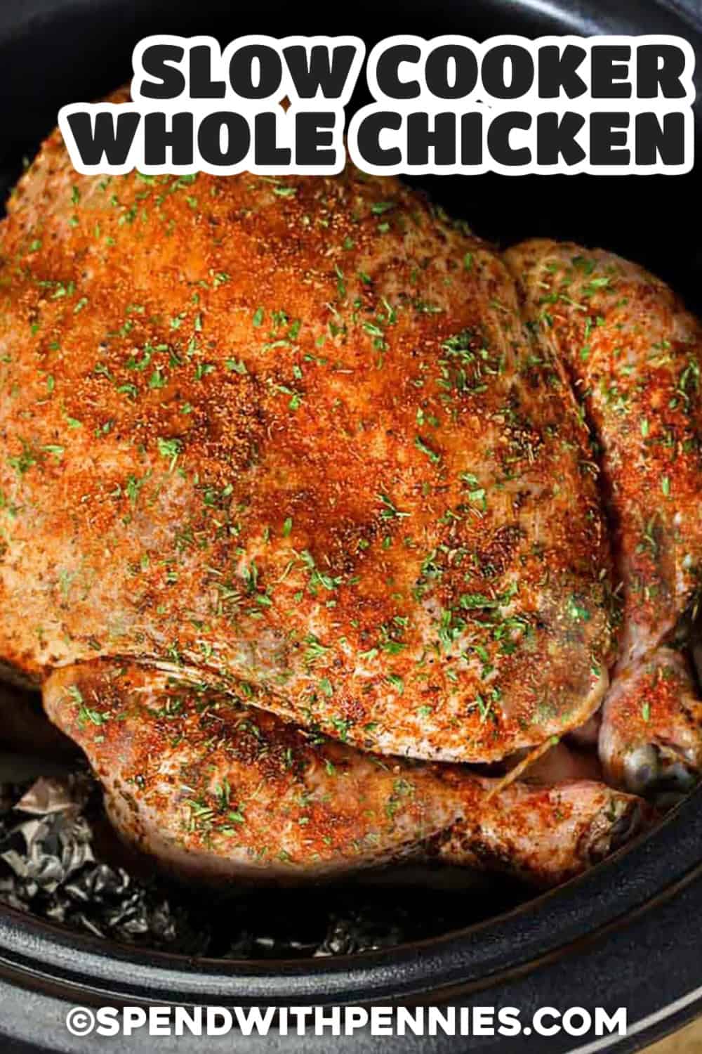 Slow cooker whole chicken and gravy is a budget-friendly dinner that provides tender sliced chicken, rich gravy, and plenty of possibilities for leftovers. The simple paprika and herb rub adds warm, savory flavor, while the slow cooking method keeps the meat moist. Use leftover chicken in soup, sandwiches, casseroles, or chicken salad for another easy meal. Add this slow cooker whole chicken and gravy recipe to your weekly dinner board. #spendwithpennies Slow Cooker Whole Chicken & Gravy in the pot with a title.
