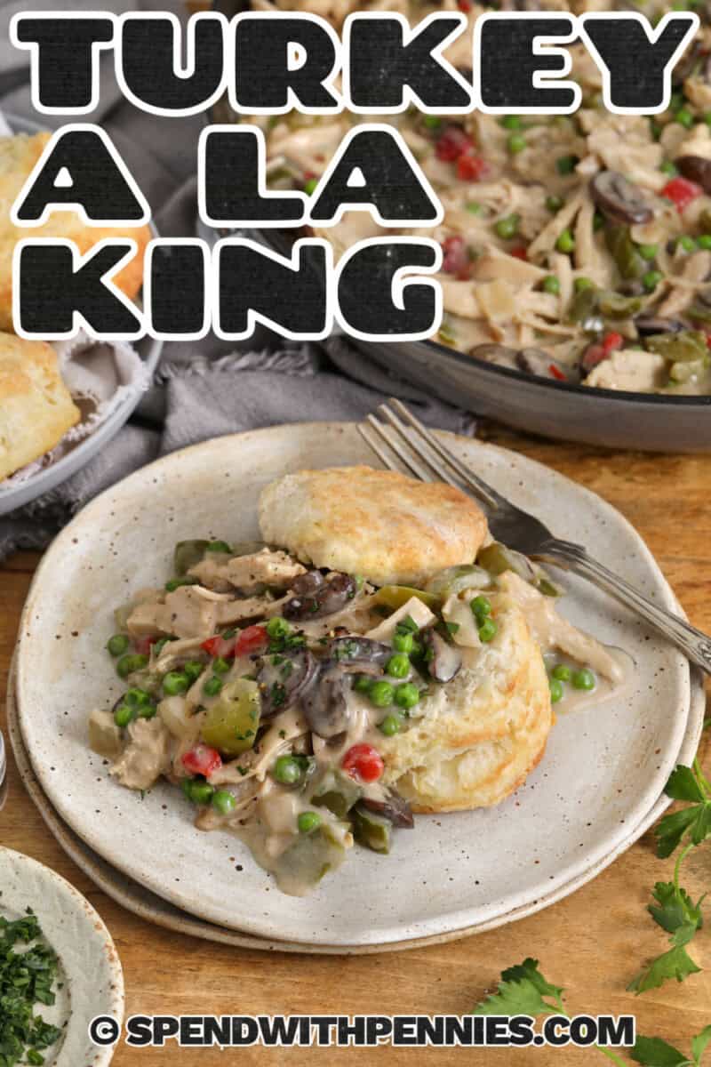 Turkey à la king brings leftover turkey to the table in a delicious new way. This easy skillet dinner combines tender turkey with mushrooms, peas, bell pepper, and pimentos in a creamy homemade sauce. Spoon it over rice, pasta, or biscuits for a filling meal that makes simple ingredients shine. It is a great way to use cooked turkey without serving the same leftovers again. Save this recipe and make it soon. #spendwithpennies plated Turkey A La King with pan full and a title