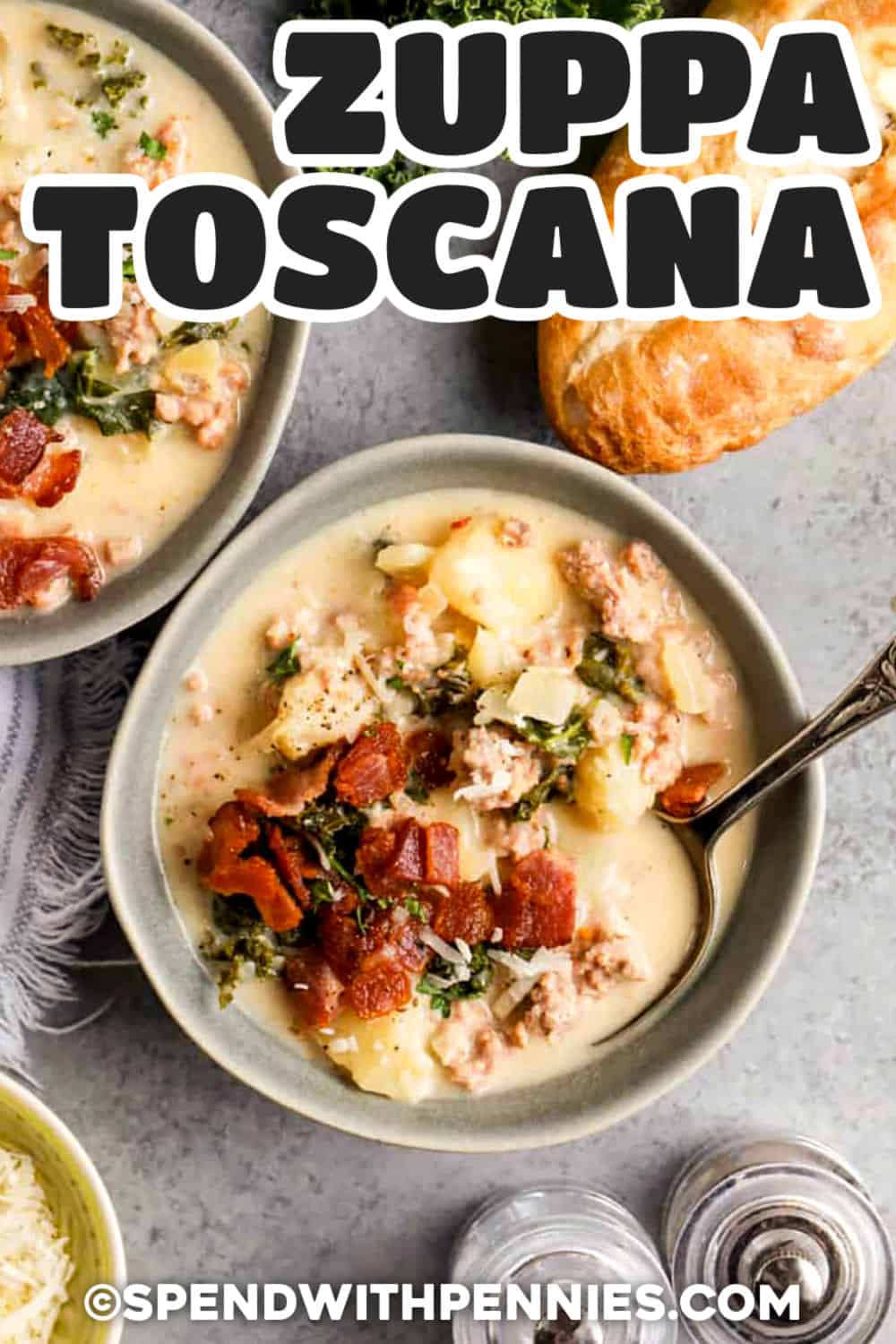 Zuppa Toscana in a bowl with a spoon with a title