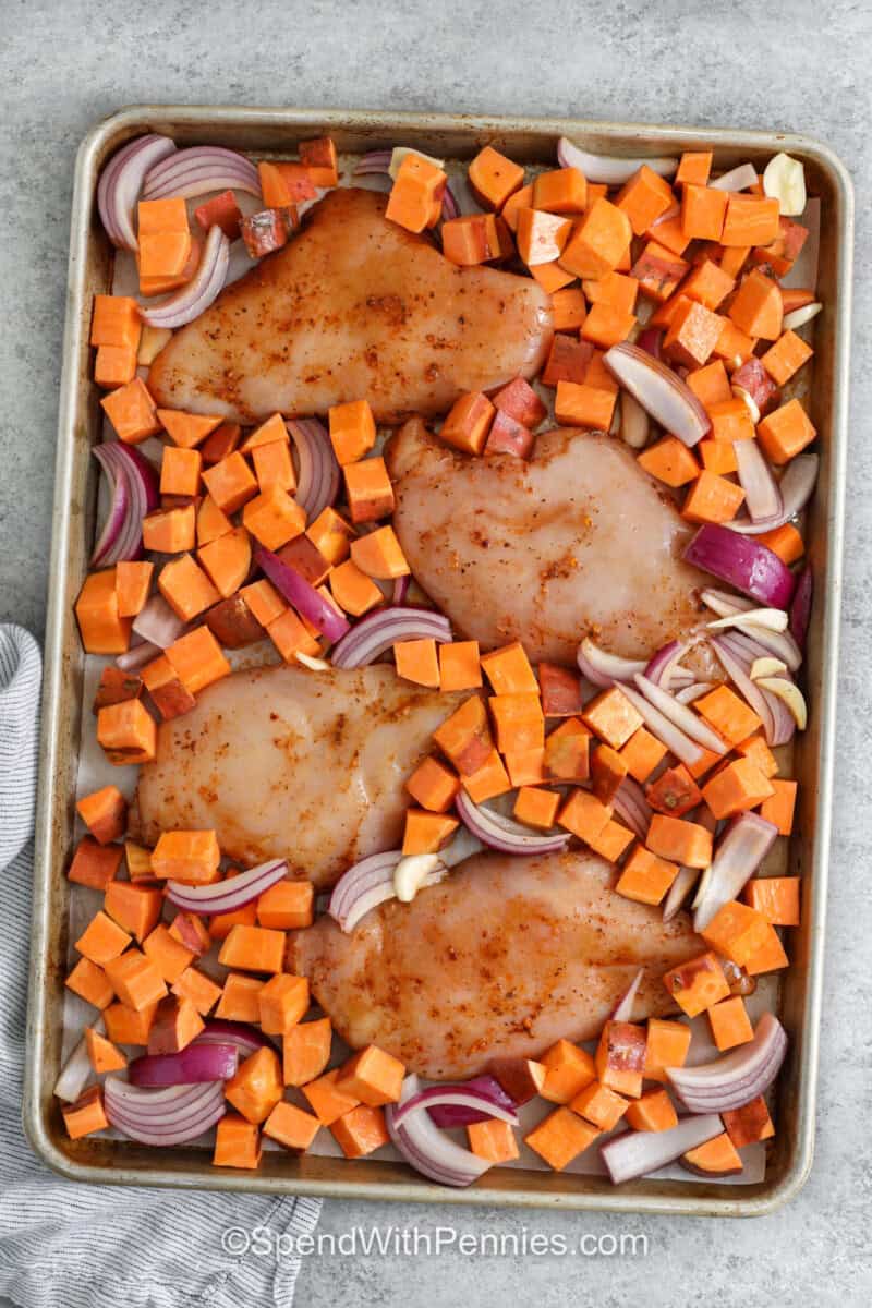 Sheet Pan Chicken and Sweet Potatoes before cooking
