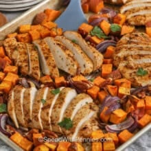 close up of Sheet Pan Chicken and Sweet Potatoes.