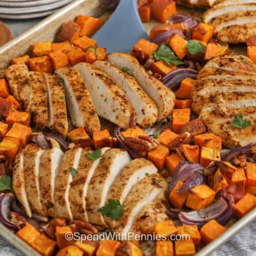 close up of Sheet Pan Chicken and Sweet Potatoes.