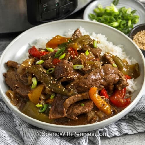 plate of Slow Cooker Pepper Steak.