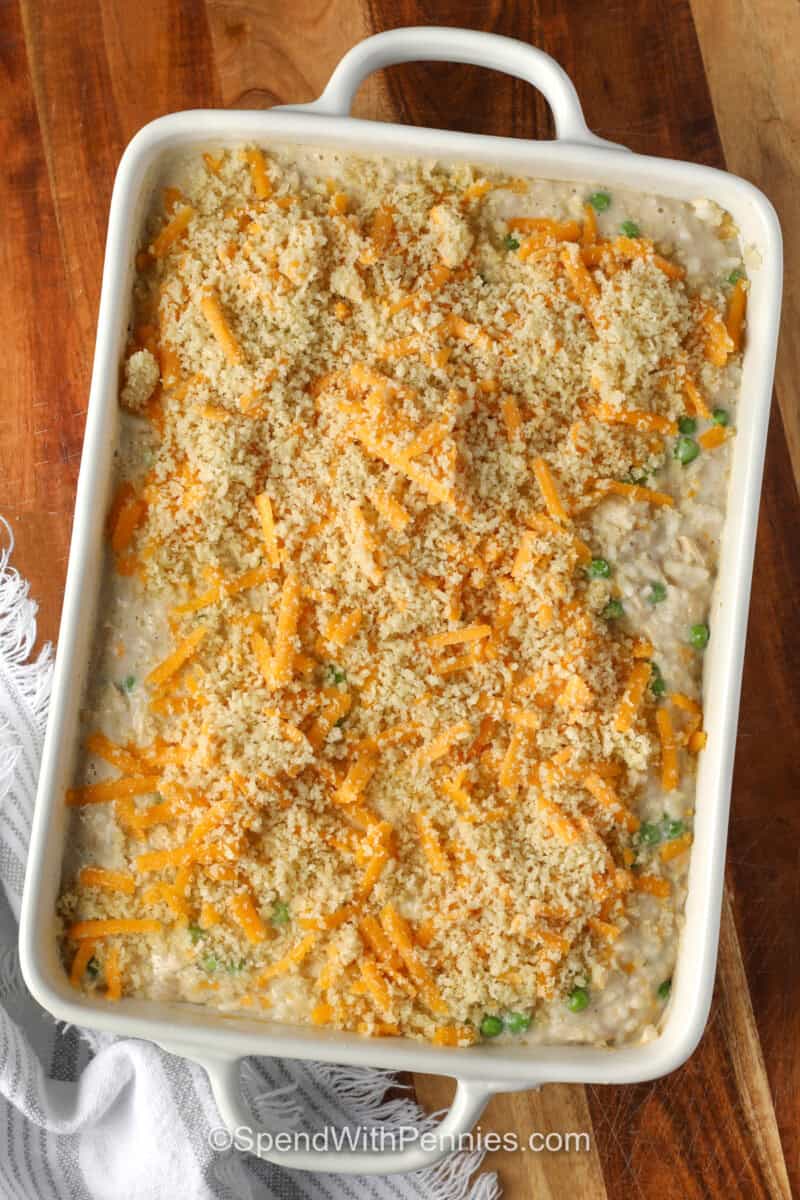 Tuna Rice Casserole in the dish before cooking
