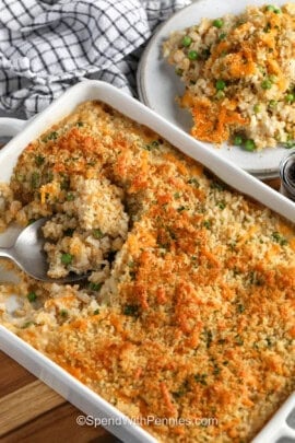 casserole dish of Tuna Rice Casserole in the dish and on a plate.