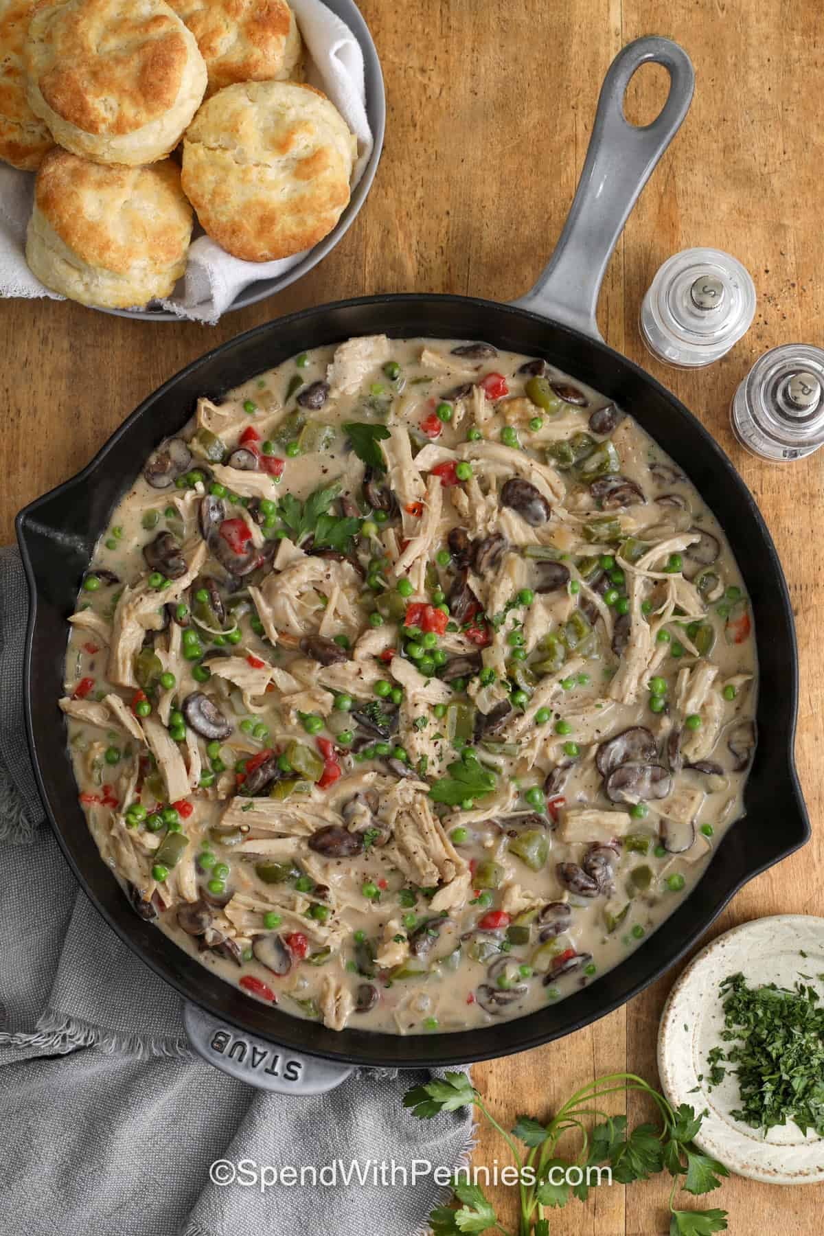 Turkey a la king is a cozy way to turn leftover turkey into a hearty family dinner. Tender turkey, mushrooms, peas, peppers, and pimentos simmer in a creamy, flavorful sauce. Serve this easy turkey recipe over rice, pasta, or biscuits for a comforting meal everyone will enjoy. It is simple enough for busy nights and delicious enough to make again. Give this easy skillet dinner a try today. #spendwithpennies top view of Turkey A La King in the pan