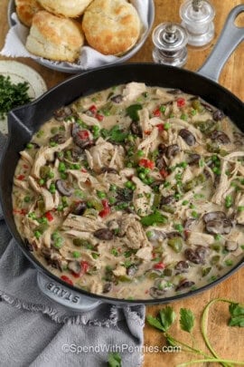 Turkey A La King in the pan with a bowl of biscuits