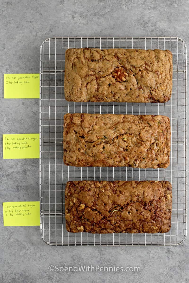 three loaves of zucchini bread with three different tests of baking soda.