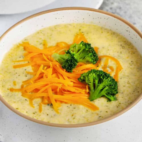 close up of Broccoli Cheddar Soup in a bowl