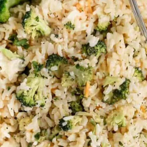 close up of cheese and Broccoli Rice.