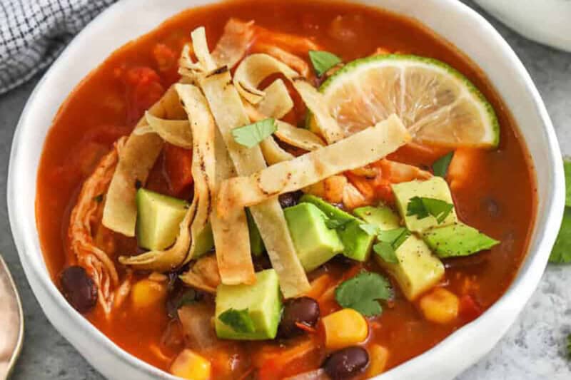 close up of a bowl of Chicken Tortilla Soup.