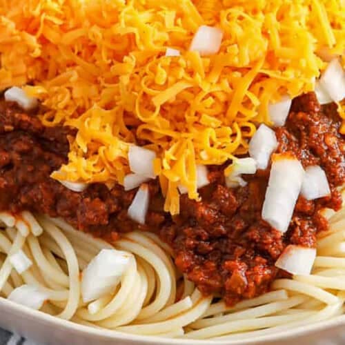 close up of Cincinnati Chili on spaghetti