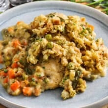 close up of Crockpot Chicken and Stuffing on a plate.