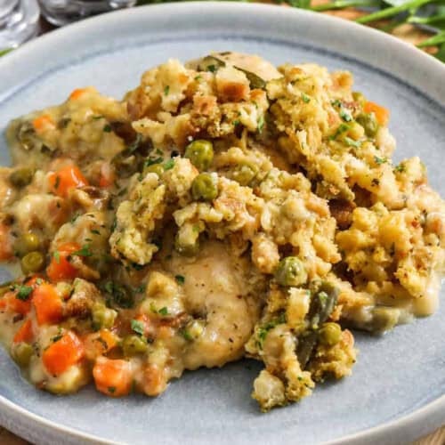 close up of Crockpot Chicken and Stuffing on a plate.
