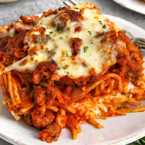 close up of plated Million Dollar Spaghetti.