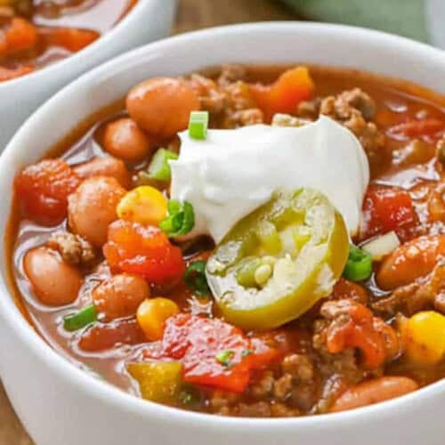 close up of Taco Soup Recipe in bowls