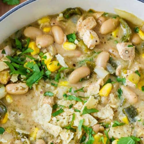 close up of White Chicken Chili in a pot.