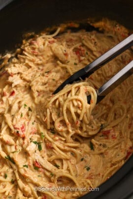 Crockpot Chicken Spaghetti in the pot.