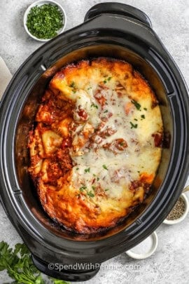 Crockpot Ravioli Lasagna in the crock pot.