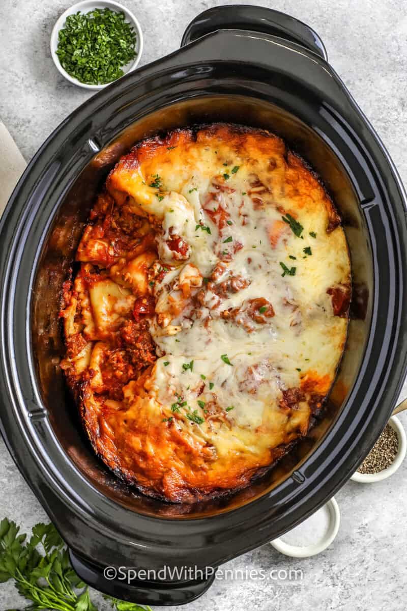 Crockpot Ravioli Lasagna in the crock pot.