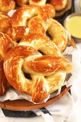 bowl of Oven Baked Soft Pretzels with dijon dip.