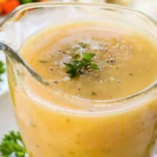 close up of Turkey Gravy Recipe in jar.