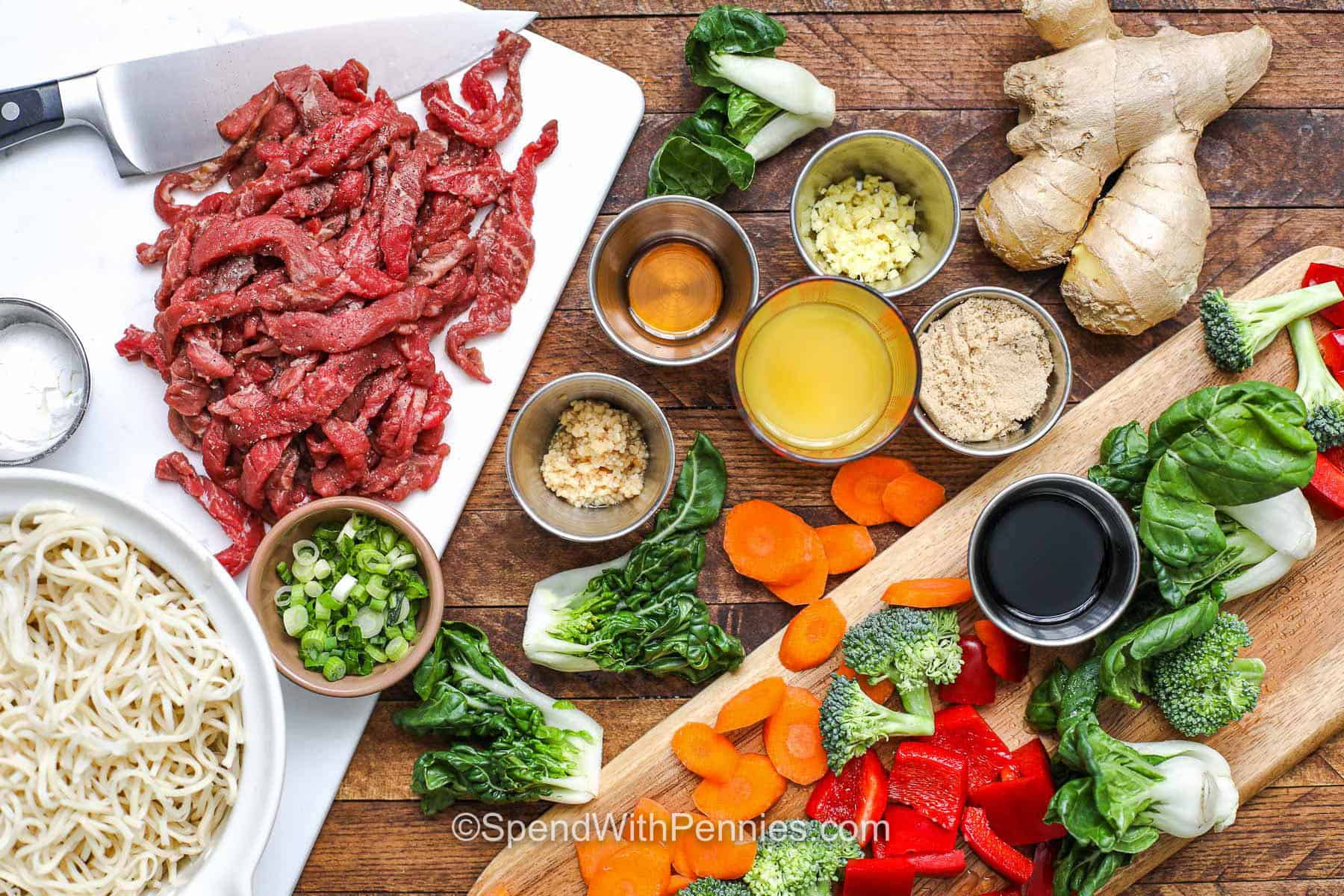 This beef stir fry recipe is loaded with tender steak and crisp vegetables in a homemade sauce that is sweet, savory, citrusy, and full of fresh ginger flavor. Searing the beef in batches helps the edges brown without overcooking, and a little cornstarch gives the sauce its glossy texture. Pair this easy beef stir fry with steamed rice or noodles for a satisfying dinner. Save the recipe for your next takeout-at-home night. #spendwithpennies Beef Stir Fry ingredients.