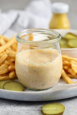 plate of fries with a jar of Big Mac Sauce.