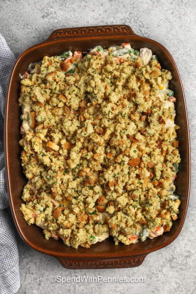 Chicken Stuffing Casserole in the dish before baking.