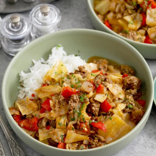 dirty cabbage served over rice in a bowl