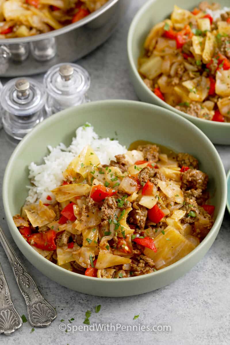 dirty cabbage served over rice in a bowl