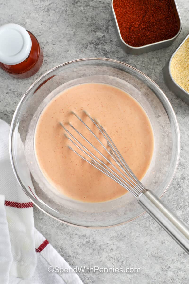 whisked ingredients in bowl to make Fry Sauce.