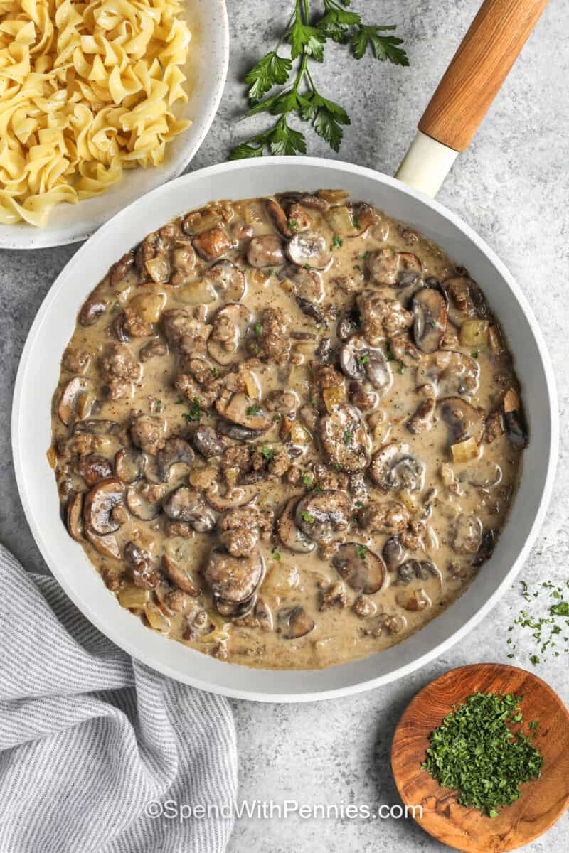 Ground Beef Stroganoff in the pan.