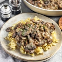 plated Ground Beef Stroganoff on egg noodles.