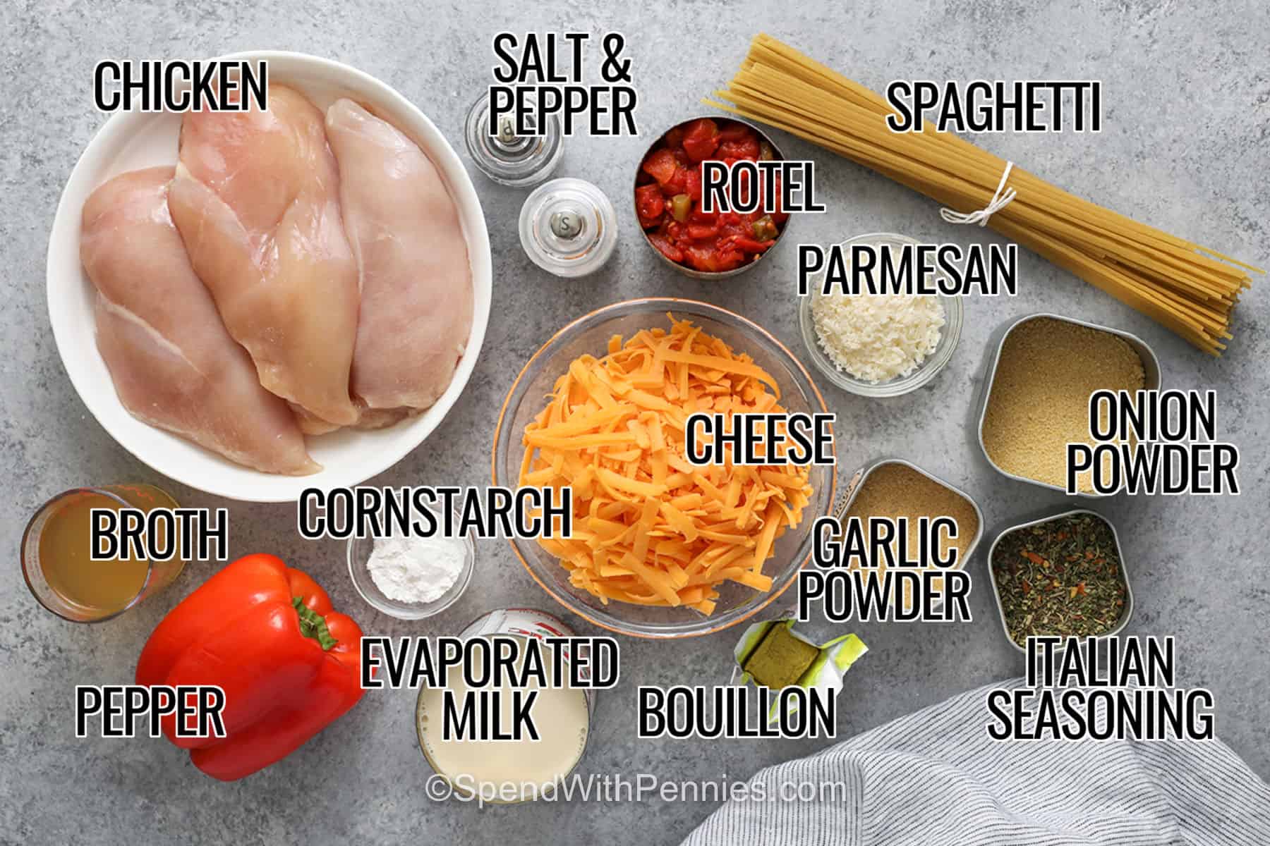This easy Crockpot chicken spaghetti turns chicken breasts, Rotel, bell peppers, cheddar, Parmesan, and spaghetti into a creamy slow cooker dinner. Cooking the chicken with the tomatoes and seasonings gives it plenty of savory flavor, while adding al dente pasta at the end keeps the texture just right. It is warm, cheesy, filling, and made with simple ingredients. Pin this slow cooker chicken spaghetti for an easy comfort food dinner. #spendwithpennies chicken , broth , pepper , cornstarch , evaporated milk , bouillon , garlic powder , cheese , Italian seasoning , onion powder , parmesan , Rotel , spaghetti , salt and pepper with labels to make Crockpot Chicken Spaghetti.