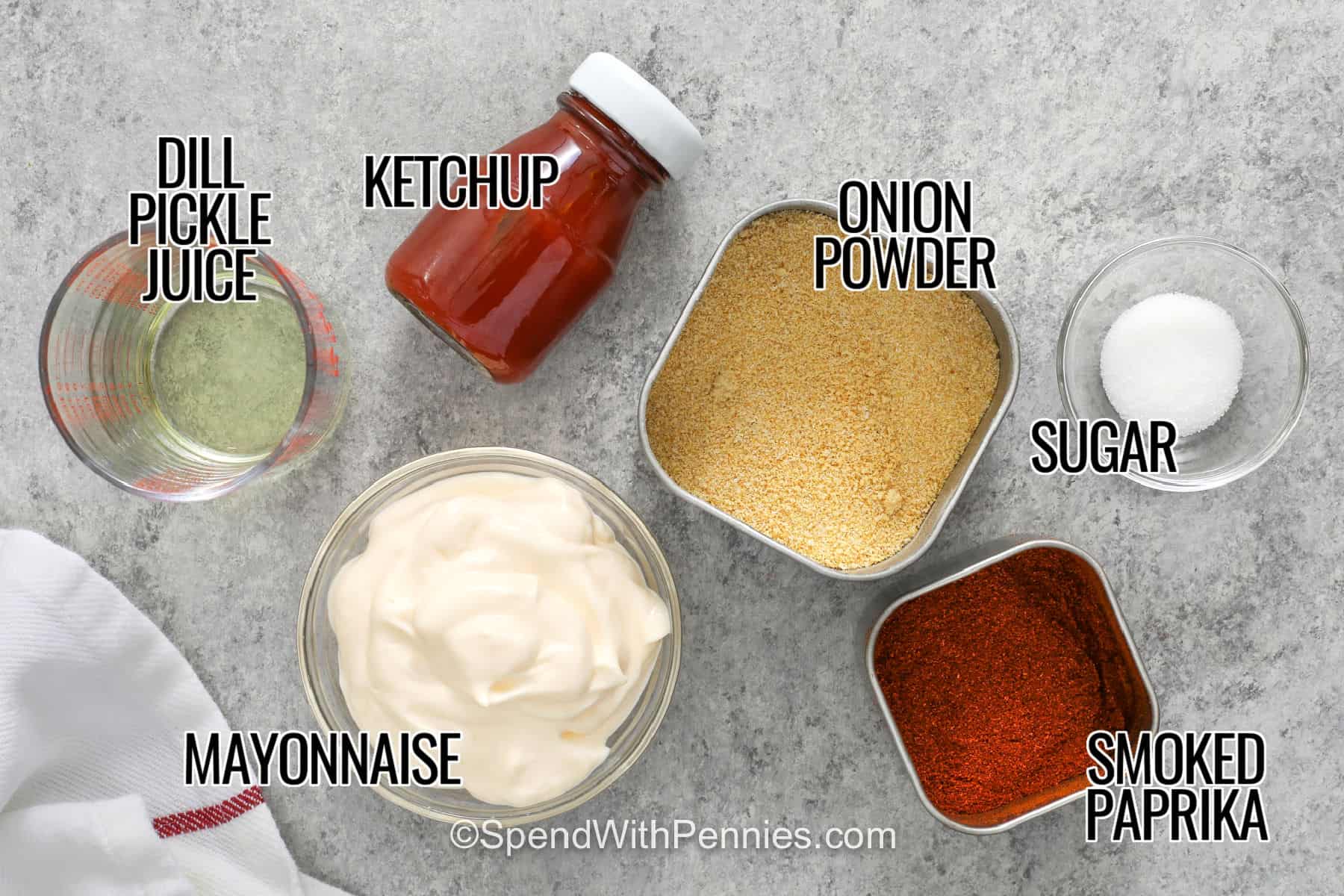 This easy fry sauce recipe is the creamy, tangy dip every batch of crispy French fries needs. Mayonnaise and ketchup create the classic base, while dill pickle juice adds brightness and smoked paprika brings a subtle smoky flavor. It takes just minutes to stir together and tastes even better after chilling. Serve it with fries, burgers, onion rings, or chicken tenders for an easy homemade condiment. Save this fry sauce recipe for burger night. #spendwithpennies smoked paprika , onion powder , sugar , mayonnaise , ketchup , dill pickle juice with titles to show how to make Fry Sauce.