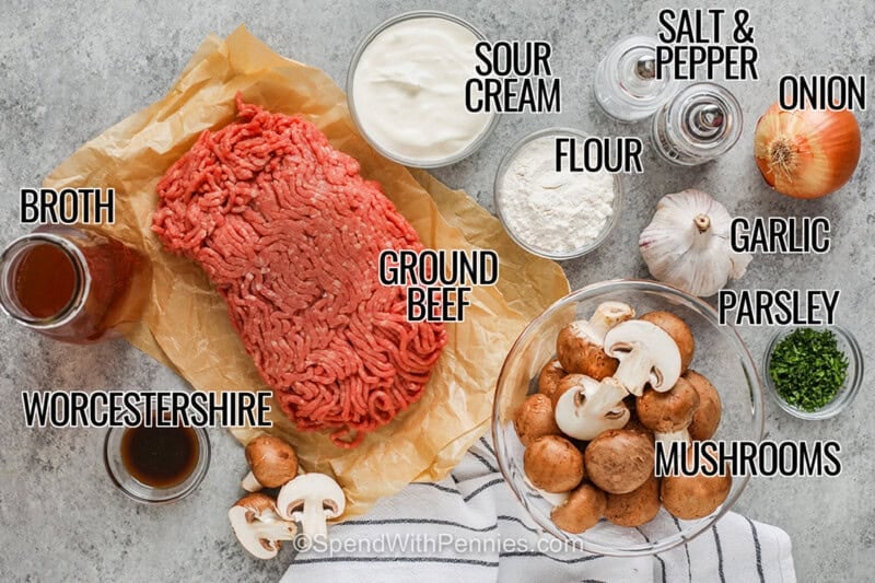 ground beef , broth , Worcestershire , sour cream , flour , onion , garlic , parsley , mushrooms , salt and pepper with labels to make Ground Beef Stroganoff.