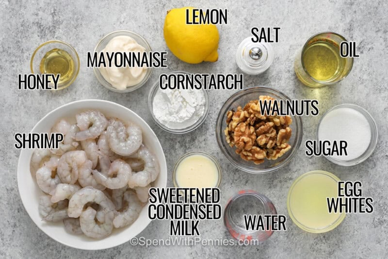 oil , mayonnaise , cornstarch , lemon , salt , walnuts ,sugar , egg whites , water , condensed milk , shrimp with labels to make Honey Walnut Shrimp.