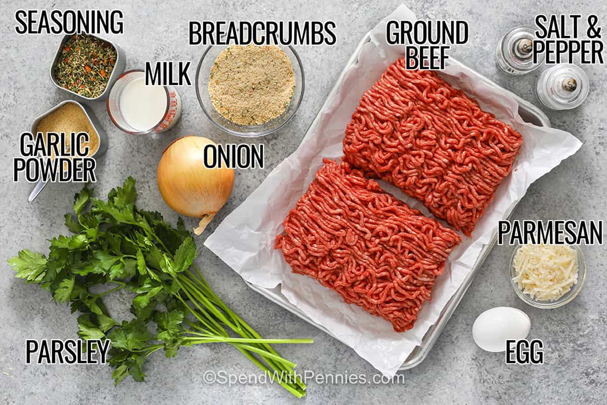 This baked meatball recipe is made with simple ingredients that create big flavor and a tender bite. Lean ground beef, ground pork, Parmesan cheese, seasoned breadcrumbs, milk, onion, and herbs come together in a reliable meatball recipe that works for pasta, subs, casseroles, and appetizers. Bake a batch on parchment for easy cleanup and freeze leftovers for another cozy dinner. #spendwithpennies seasoning , milk , garlic powder , parsley , onion , breadcrumbs ,g round beef , parmesan ,egg , salt and pepper with labels to make Easy Meatball Recipe